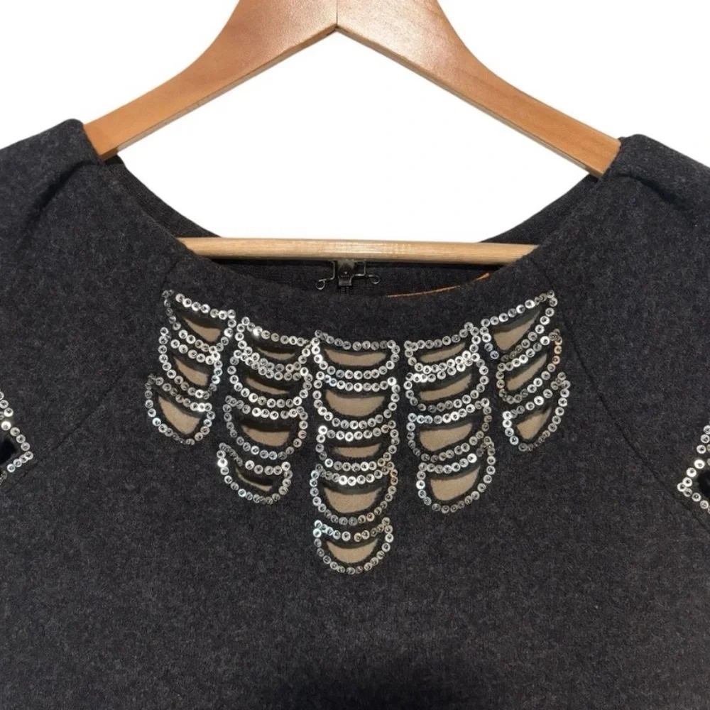 Tory Burch Elegant Dark Grey Wool Dress with Embellished Neckline and Sleeves